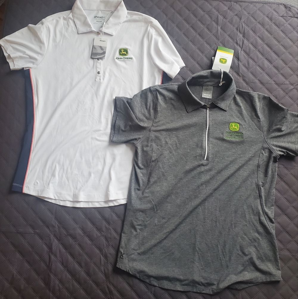 John Deere White & Charcoal Polo Shirts with Logo